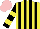 Silk - Yellow and black stripes, black sleeves, yellow hoops, pink cap