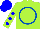 Silk - Lime green, royal blue circle, lime sleeves, blue dots, blue cap