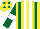 Silk - Yellow and white stripes,dark green braces, white armbands on dark green sleeves,dark green spots on yellow cap