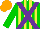 Silk - Green, purple crossbelts, green and yellow stripes, orange cap