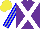 Silk - Purple, white crossbelts, blue stripes on silver sleeves, yellow cap