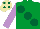 Silk - Emerald green, large dark green spots, mauve sleeves, beige cap, dark green spots