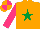 Silk - Orange, emerald green star, hot pink sleeves, orange and hot pink quartered cap