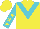 Silk - Yellow, peacock blue 'v', yellow stars on peacock blue sleeves, yellow cap