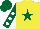 Silk - Yellow, dark green star, white spots on dark green sleeves,cap