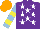 Silk - Purple, white stars, light blue sleeves, yellow hoops, orange cap