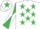 Silk - White, emerald green stars, emerald green and white diabolo on sleeves, white cap, emerald green star