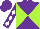 Silk - Purple and lime green diagonal quarters, white diamonds on purple sleeves, purple cap