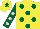 Silk - Yellow, dark green spots, dark green sleeves, pink spots, yellow cap, dark green star