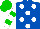 Silk - Royal blue, white dots, green bars on white sleeves, green cap