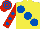 Silk - Yellow, large royal blue spots, red sleeves, royal blue spots, red and royal blue hooped cap