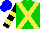 Silk - Green, yellow crossbelts, black sleeves, yellow hoops, blue cap