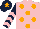 Silk - Pink, orange spots, dark blue and pink chevrons on sleeves, dark blue cap, orange star