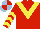 Silk - Red, light blue chevron, yellow v, yellow chevrons on red sleeves,light blue and red quartered cap
