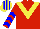 Silk - red, yellow chevron, blue chevrons on sleeves, yellow and blue striped cap