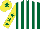 Silk - Dark green and white stripes , yellow sleeves with dark green stars , yellow cap with dark green star