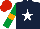 Silk - dark blue, white star, emerald green sleeves, orange armbands, red cap