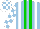 Silk -  light blue and green  stripes, white braces,  white and light blue checked sleeves and cap
