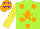 Silk - Lime, orange star front and back, orange balls on yellow sleeves, purple stars on orange cap