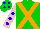 Silk - green, orange cross belts, blue spots on pink sleeves, blue spots on green cap