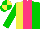 Silk - Yellow and green halved, hot pink stripe, green sleeves, green and yellow quartered cap