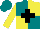 Silk - Teal and yellow quarters, black cross on teal and yellow crest, teal and yellow opposing sleeves, teal cap