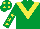 Silk - emerald green, yellow chevron, emerald green sleeves, yellow stars, emerald green cap, yellow spots