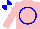 Silk - pink, blue circle, pink sleeves, white cap, blue quarters