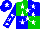 Silk - green, blue quarters, white stars, blue sleeves, white stars, blue cap, white star
