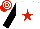 Silk - White, red star, black sleeves, red and white hooped cap Silk - White, red star, black sleeves, red and white hooped cap