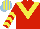 Silk - red, light blue chevron, yellow v, yellow chevrons on red sleeves, light blue and yellow striped cap
