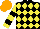 Silk - Black and yellow diamonds, black hoops on yellow sleeves, orange cap