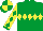Silk - Emerald green, yellow diamond belt, emerald green diamonds and cuffs on yellow sleeves, emerald green and yellow quartered cap