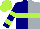Silk - Navy blue & silver horizonal halves, lime hoop, lime green emblem on back, silver & lime bars on navy sleeves, lime cap