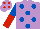 Silk - Mauve, royal blue spots, royal blue and red halved sleeves, mauve cap, red spots