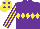 Silk - Purple body, yellow diamond hoop, yellow arms, purple stripes, yellow cap, purple spots