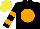 Silk - Black, orange ball, orange hoops on sleeves, yellow cap,