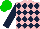 Silk - pink, dark blue diamonds, dark blue sleeves, green cap