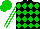 Silk - Black and green diamonds, green and white striped sleeves, green cap