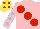 Silk - Pink, large red spots, pink sleeves, light blue spots, yellow cap, red spots
