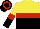 Silk - yellow and black halved horizontally, red hoop, yellow and black halved sleeves, red armlets, black cap,red hoop
