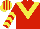 Silk - Red, light blue v, yellow chevron, yellow chevrons on red sleeves,striped cap