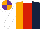 Silk - Orange and dark blue halved, red stripe, white collar and sleeves, orange and purple quartered cap, white peak