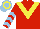 Silk - Red, yellow chevron, light blue chevrons on sleeves, light blue cap, yellow hoop