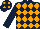 Silk - dark blue, orange diamonds, dark blue sleeves, dark blue cap, orange spots