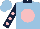 Silk - light blue, pink spot, dark blue sleeves, pink spots, dark blue collar