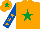 Silk - Orange, emerald green star, royal blue sleeves, orange stars, orange cap, emerald green star