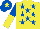 Silk - Yellow, royal blue stars, royal blue and yellow halved sleeves, royal blue cap, yellow star