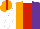 Silk - Orange, purple halves, red stripe, white collar and sleeves, orange cap, purple halves, red stripe