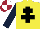 Silk - Yellow, black cross of lorraine, dark blue sleeves, maroon & white quartered cap